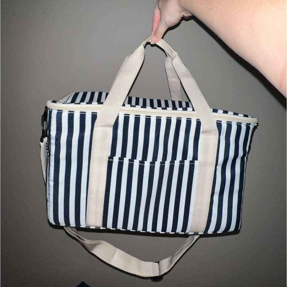 Navy Blue Striped Large Square Insulated Tote Bag